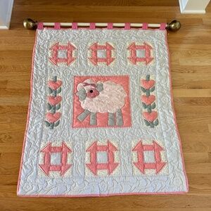 Vintage Hand Quilted Baby Wall Hanging Quilt for Girl